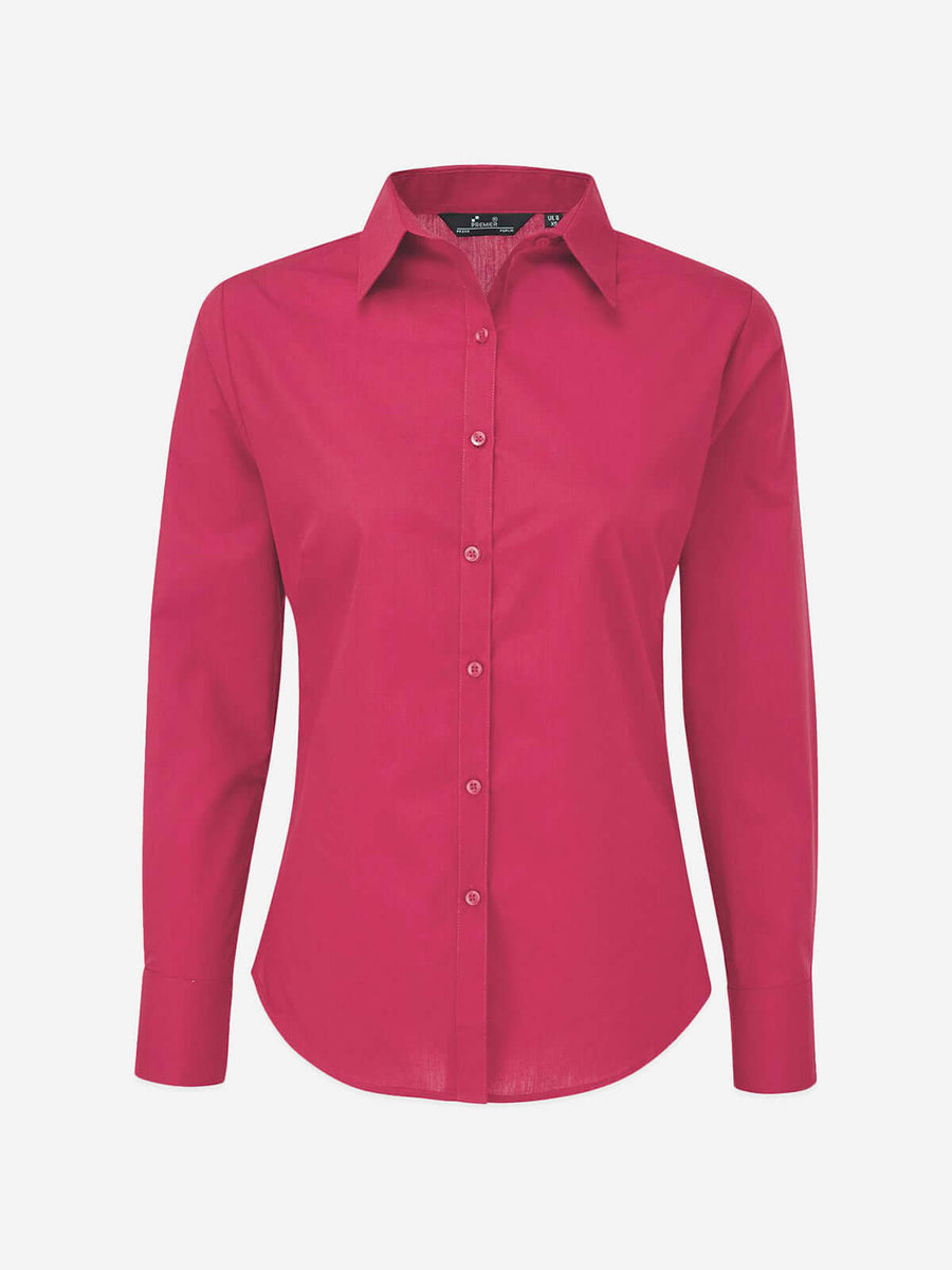 Damen Popeline Langarm Bluse - Hot Pink