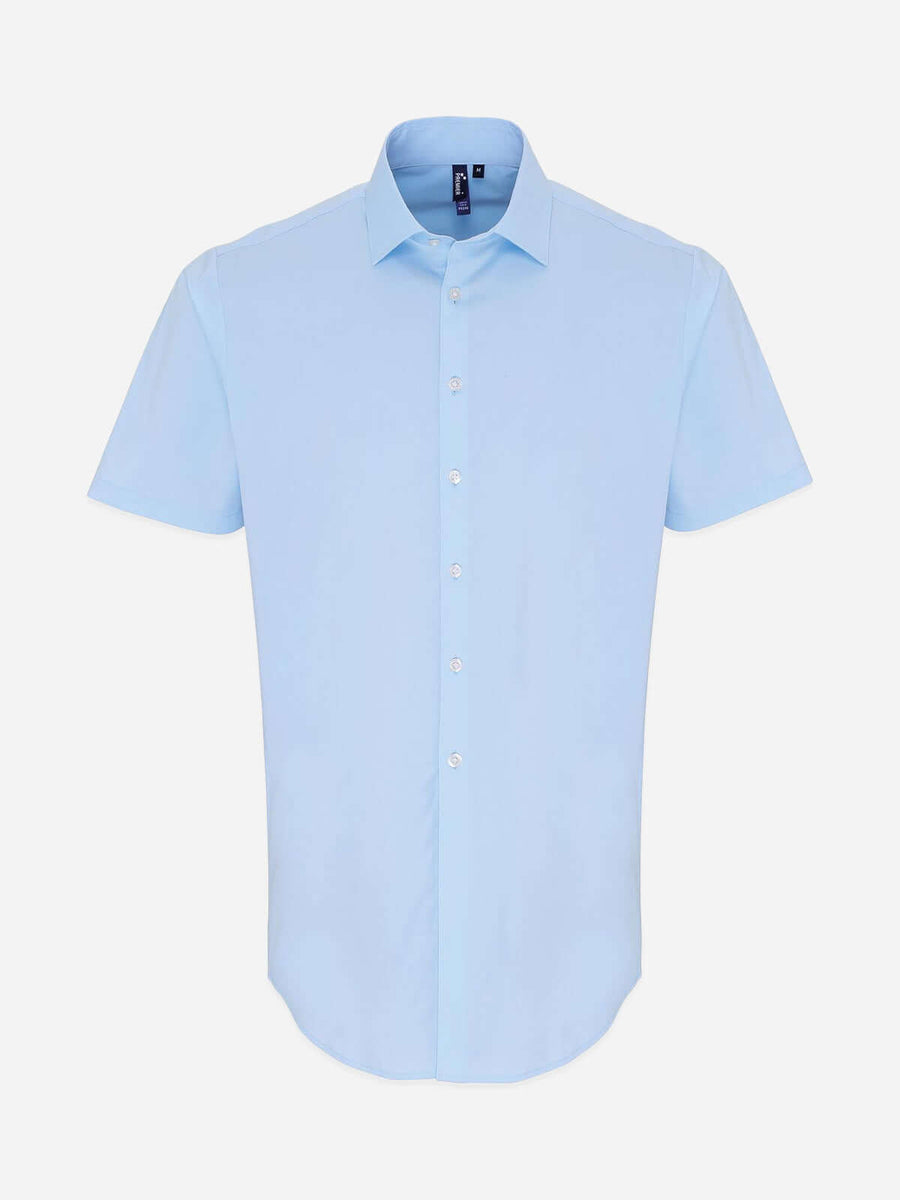 Herren Kurzarm Baumwoll-Popeline Hemd mit Stretch - Light Blue Vorne